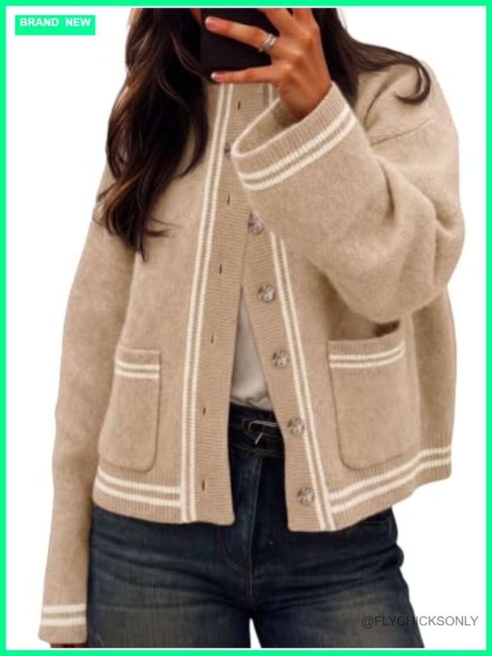 Chunky Knit Cardigan Striped Trim Mock Neck Trendy Sweater